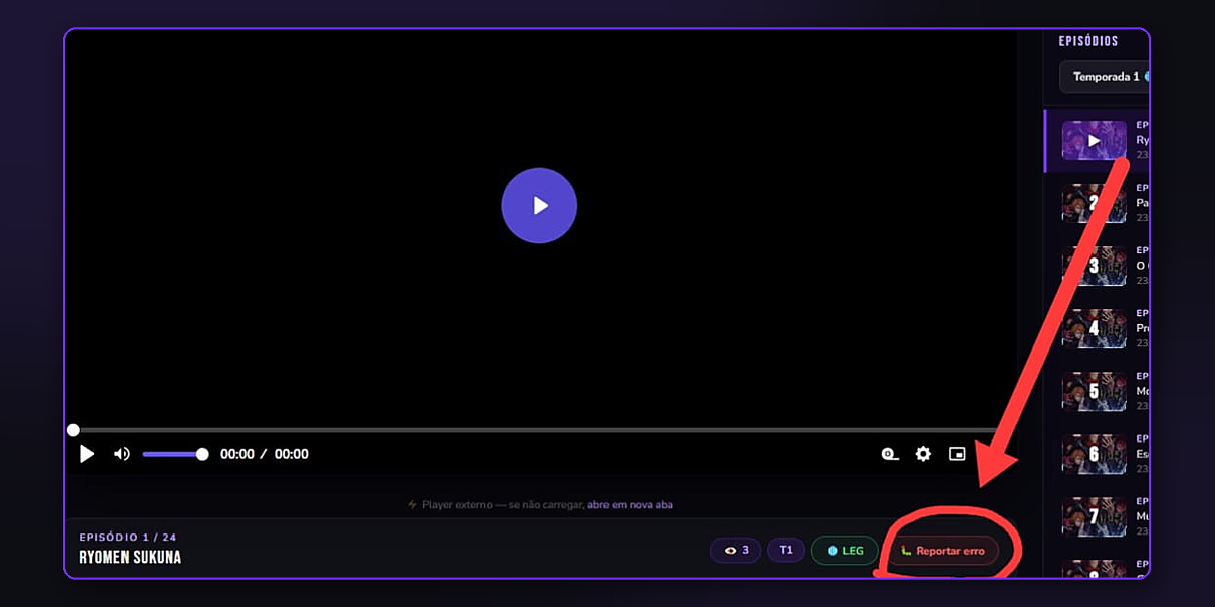 Botão Reportar erro no player