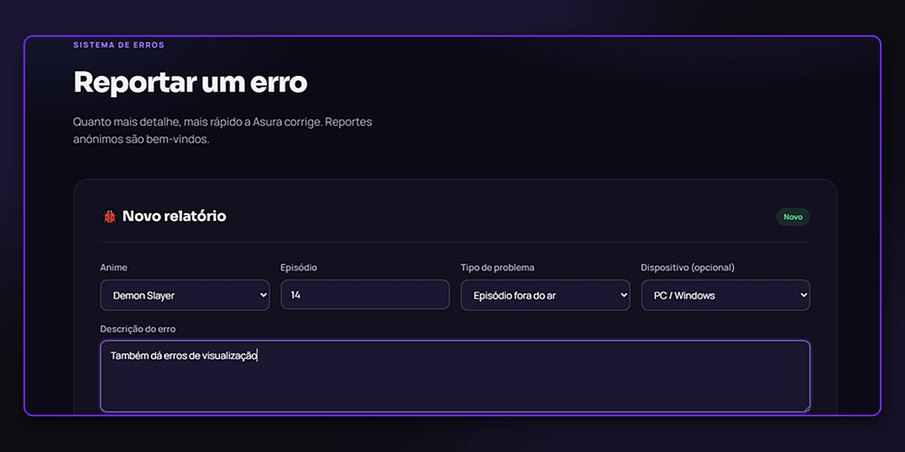 Formulário de reporte de erro